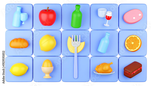 Assorted colorful fruits and vegetables arranged in a grid pattern isolated on transparent background