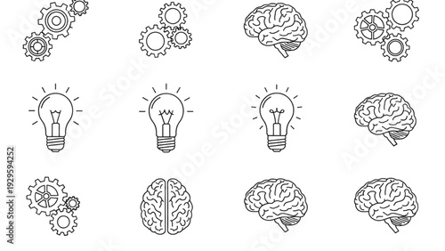 Minimalist brain and logic line art icon set for innovation and critical thinking