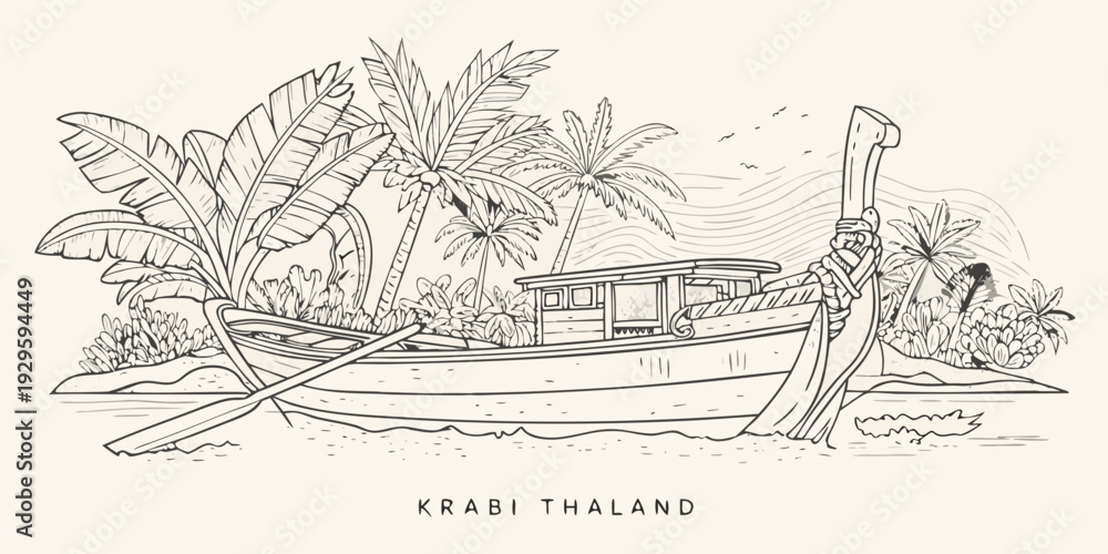 Naklejka premium Vintage style illustration of a longtail boat in krabi thailand