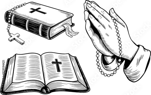 Christian religious illustration set, Bible and rosary vector artwork, praying hands with cross, faith symbol graphics, spirituality icons, worship and devotion design