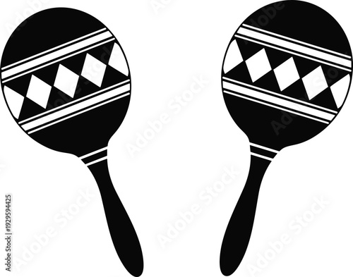 Black and white maracas illustration with geometric pattern isolated on light background, traditional Mexican musical instrument vector design folk art style graphic