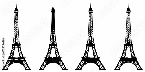 Four silhouettes of the eiffel tower in varying levels of detail