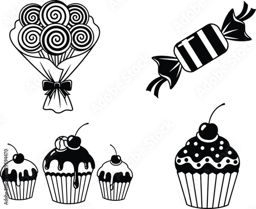 Black and white sweets collection with cupcakes candy and lollipop bouquet isolated on light background vector illustration set