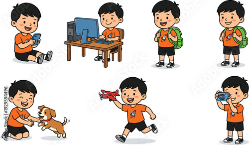 Cartoon illustration of boy in multiple activities using smartphone computer backpack playing with dog running with toy airplane taking photo cheerful kids artwork for education and lifestyle content