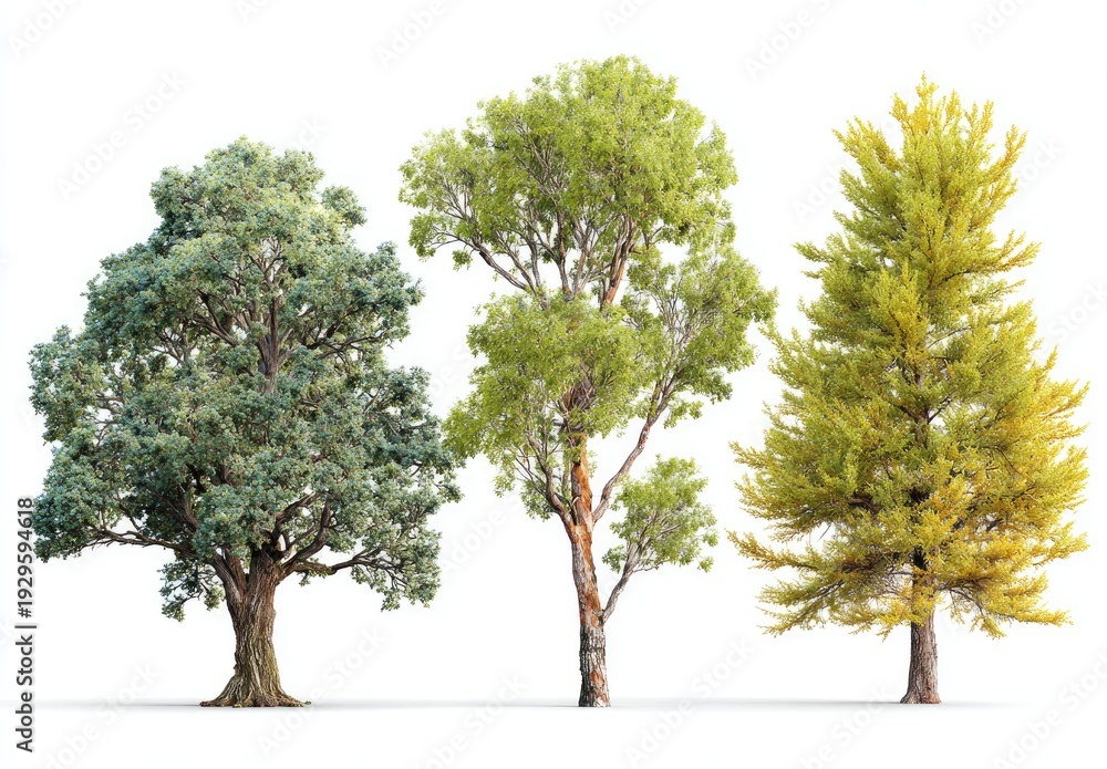Obraz premium Three distinct trees, lush green to autumnal yellow, isolated on white