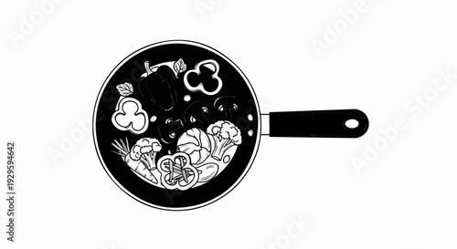 Black and white illustration of a frying pan filled with various fresh vegetables