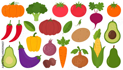 A vibrant assortment of fresh fruits and vegetables displayed in a colorful arrangement isolated on transparent background