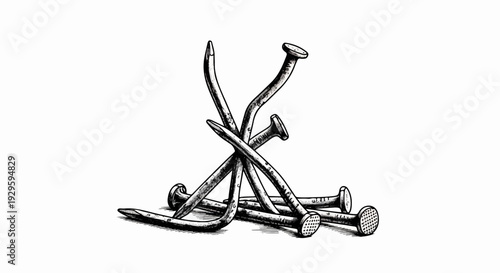 Pile of bent and straight metal nails rendered in a detailed etching style