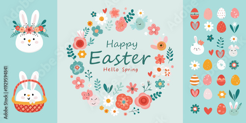 A cheerful easter illustration with bunnies flowers and festive decorations