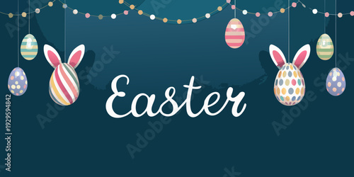 Festive easter illustration with bunnies eggs and string lights