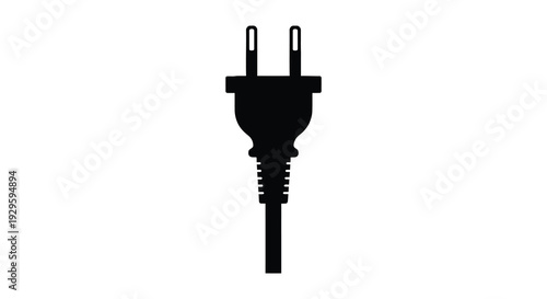 A stark black silhouette of a standard electrical plug against a plain white background representing power and connectivity silhouette