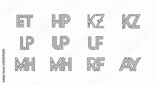 Twelve pairs of uppercase letters displayed in a structured grid with a stylized, outlined effect