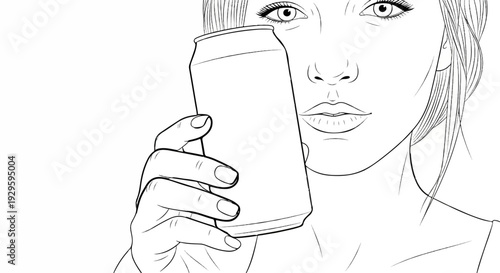 Close-up sketch of a woman holding a blank beverage can near her face