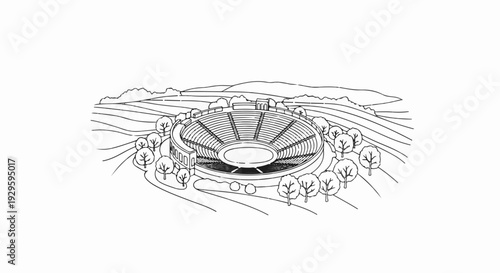 Ancient amphitheater amidst rolling hills and trees, an outdoor performance venue