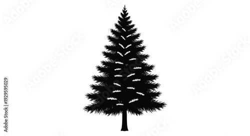 A striking black silhouette of a densely foliaged evergreen tree against a pure white background silhouette high quality professional