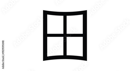 A stark black window frame design against a white background exhibiting simple geometric shapes and a bold silhouette