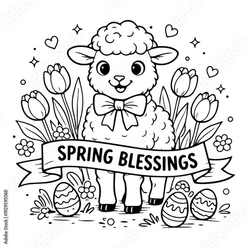 lamb standing among tulips with spring blessings lettering smiling spring vector illustration isolated on white background line art design for greeting card, children apparel, christian decor