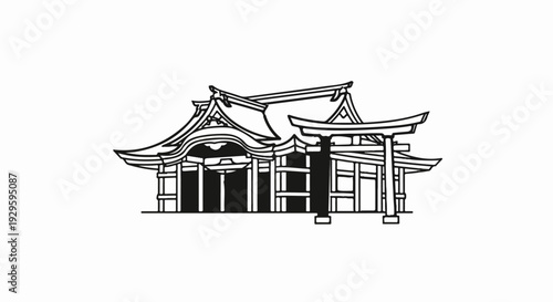 Stylized black and white illustration of a traditional East Asian shrine with torii gate