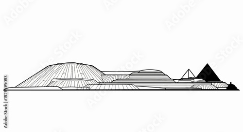 Stylized silhouette of tiered structures and pyramids under a white sky