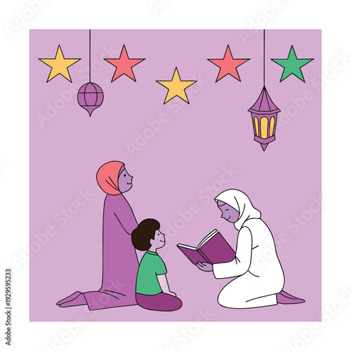 A mother and child reading a book together during eid celebration

