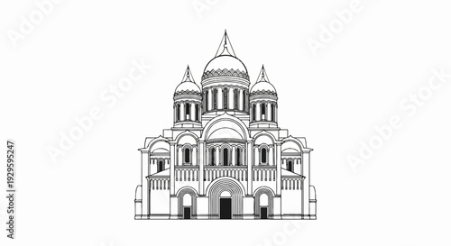 Ornate domed structure with multiple towers, detailed architectural drawing