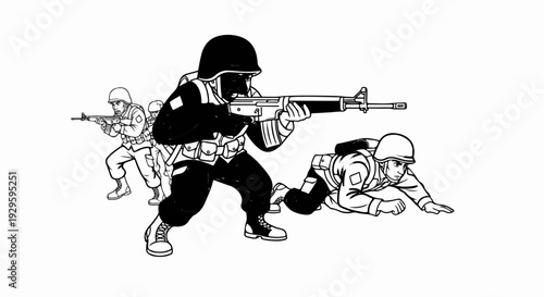 Military unit advances with rifles, one soldier crawls low