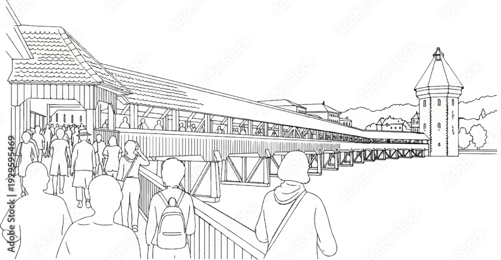 Obraz premium A long covered wooden bridge with people walking on it, leading to a tower