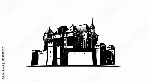 A black and white sketch of a grand fortress with multiple towers and battlements