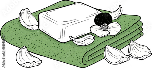 A simple illustration of a bar of white soap and white petals on a folded green towel