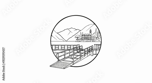 Circular illustration of a lake with a pier, distant villa, and mountains