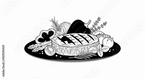 A black and white illustration of a grilled steak with assorted vegetables on a plate