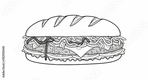 A detailed black and white illustration of a generously filled sub sandwich