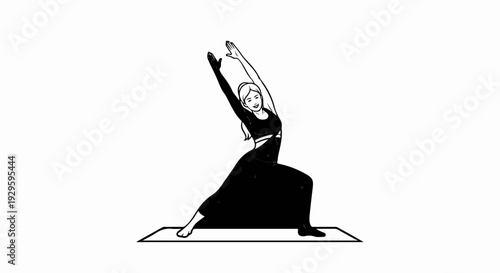 Woman in warrior pose on yoga mat, arms stretched upwards, smiling