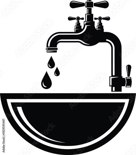 Silhouette of a faucet with water drops over a sink