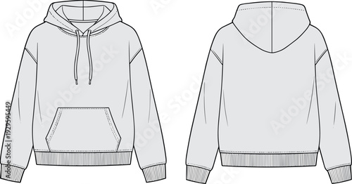 Hoodie sweatshirt front and back view template, casual streetwear clothing apparel design, fashion garment vector illustration isolated