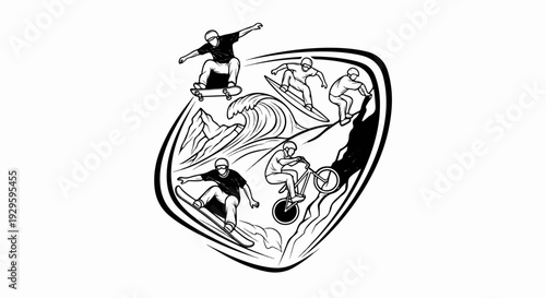 Dynamic illustration of extreme sports skateboarder, surfer, cyclist, snowboarder, and cyclist