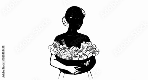 Woman with a basket overflowing with fresh vegetables and leafy greens