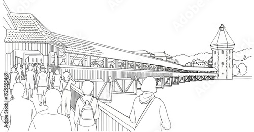 A long covered wooden bridge with people walking on it, leading to a tower