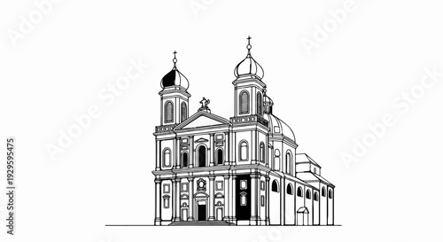 A detailed line drawing of an ornate church with twin towers topped by domes