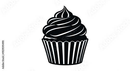 A striking black cupcake illustration features detailed frosting and a ribbed paper liner presented as a silhouette high quality