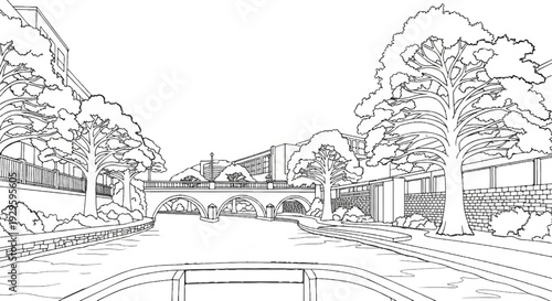 A scenic canal lined with trees and bridges leading to buildings under a clear sky