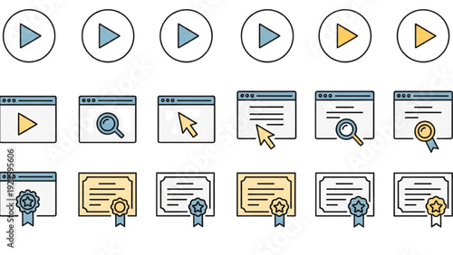 Minimalist online course and e-learning interface line art icon collection