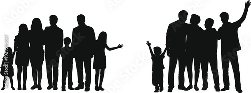 Silhouettes of family and social groups, adults and children standing together illustration, diverse human figures concept for community, unity, and relationship design