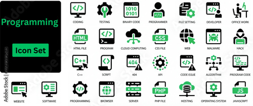 Silhouette vector of Programming icon set. Icons of web development tools, software coding symbols, developer workflow. Solid icons set.
