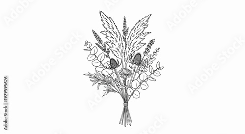 A detailed sketch of a dried floral arrangement with plumes and eucalyptus