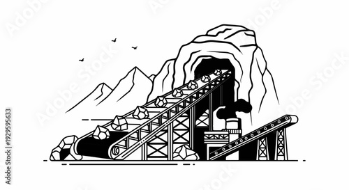 Mining conveyor belt carries rocks from mountain cave to industrial processing facility