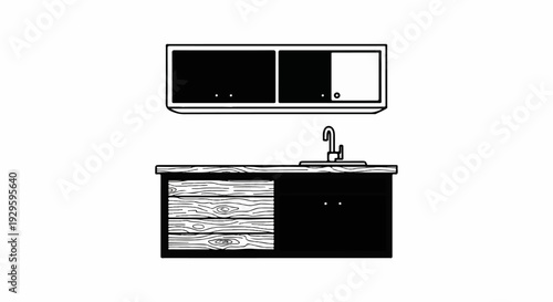 A simplified kitchen sink and cabinetry design in black and white