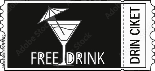 A ticket graphic with a martini glass and "FREE DRINK" text on a black background