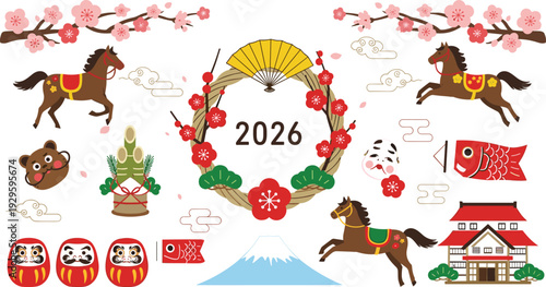 Japanese New Year 2026 greeting design with zodiac horse traditional decorations and festive cultural elements