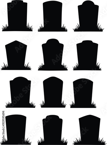 Set of black cemetery headstone silhouettes with grass isolated on white background, tombstone markers for Halloween design, memorial monuments, and spooky graveyard graphics.